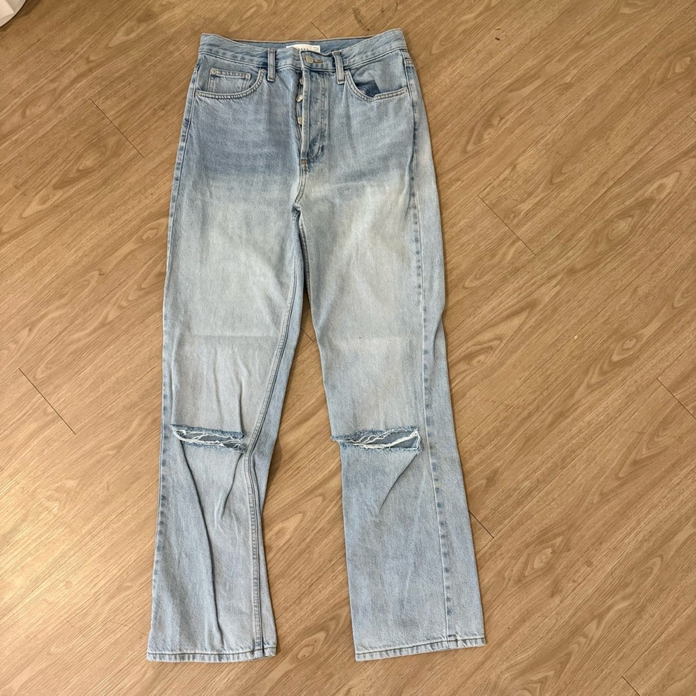 Women's Topshop Light Blue Distressed Ripped Knee High Waisted Jeans